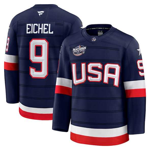 Mens USA #9 Jack Eichel Navy 2025 4 Nations Face-Off Stitched Jersey Dzhi